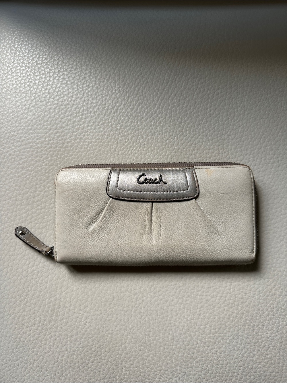 Coach Cream Leather Zip-Around Wallet with Silver Trim